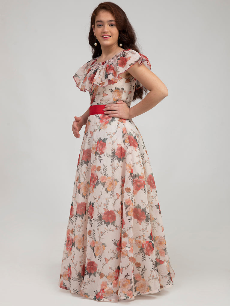 Girl's Off White Floral Printed Fit & Flare Dress