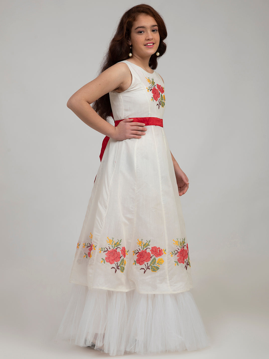 Girl's Off-White Floral Embroidered Fit & Flare Dress - Bitiya By Bhama