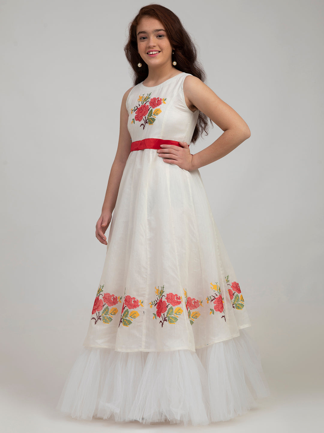 Girl's Off-White Floral Embroidered Fit & Flare Dress - Bitiya By Bhama