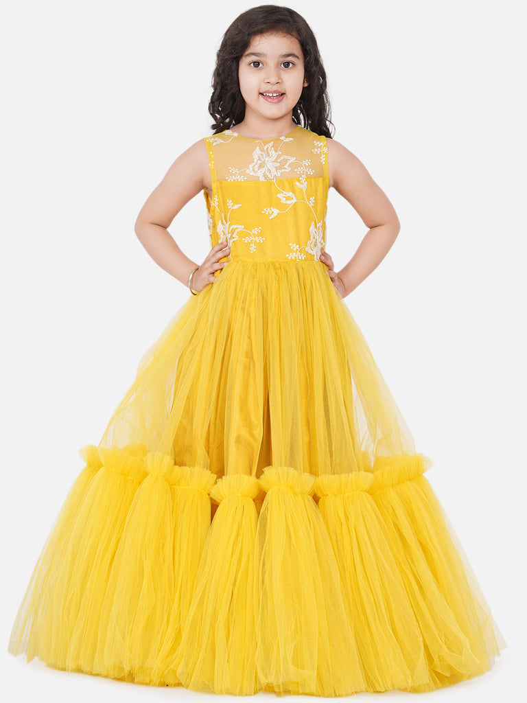 Girl's Yellow Net Embroidered Gown Dress.