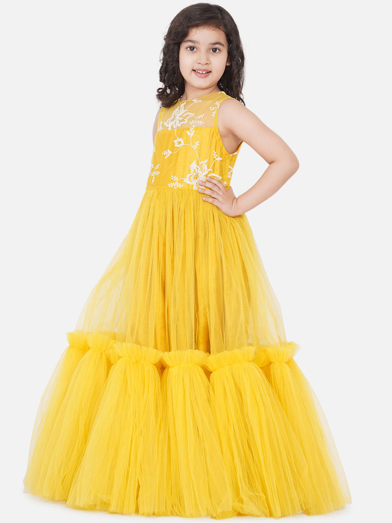 Girl's Yellow Net Embroidered Gown Dress.