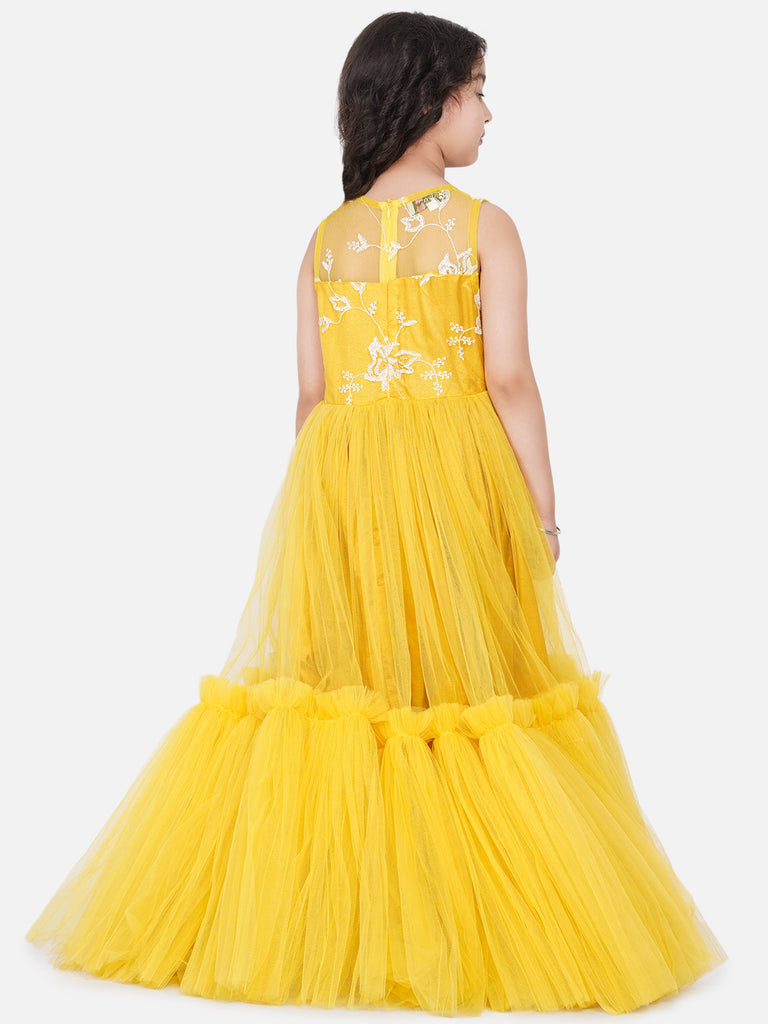 Girl's Yellow Net Embroidered Gown Dress.