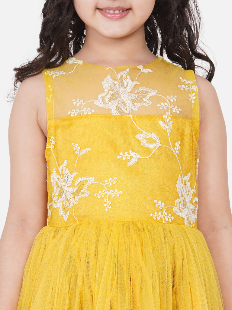 Girl's Yellow Net Embroidered Gown Dress.