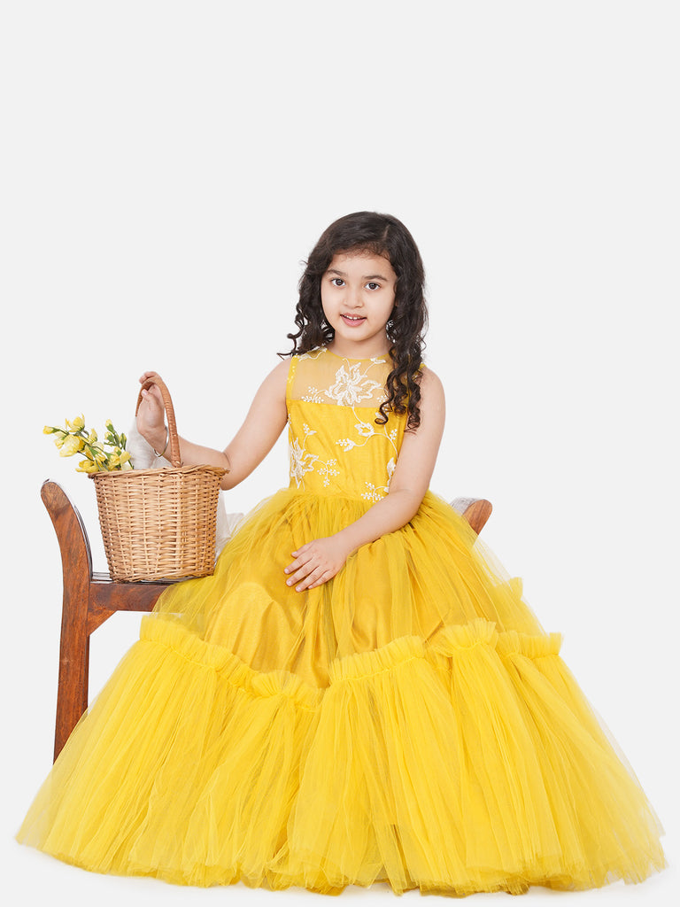 Girl's Yellow Net Embroidered Gown Dress.