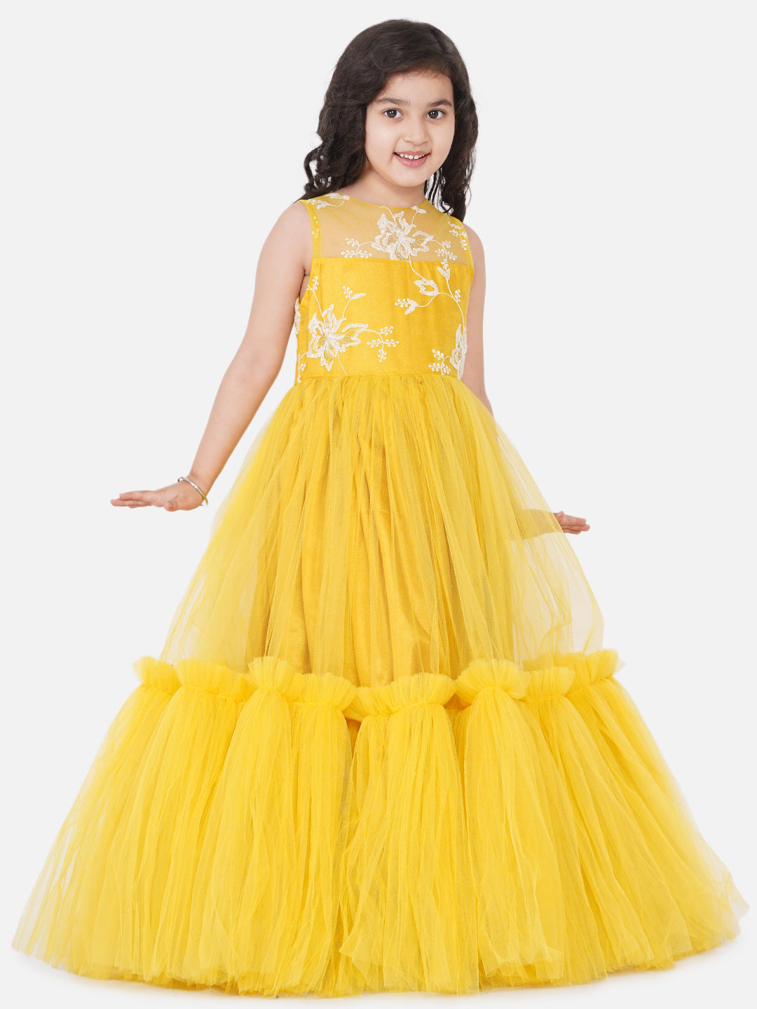 Girl's Yellow Net Embroidered Gown Dress. - Bitiya By Bhama