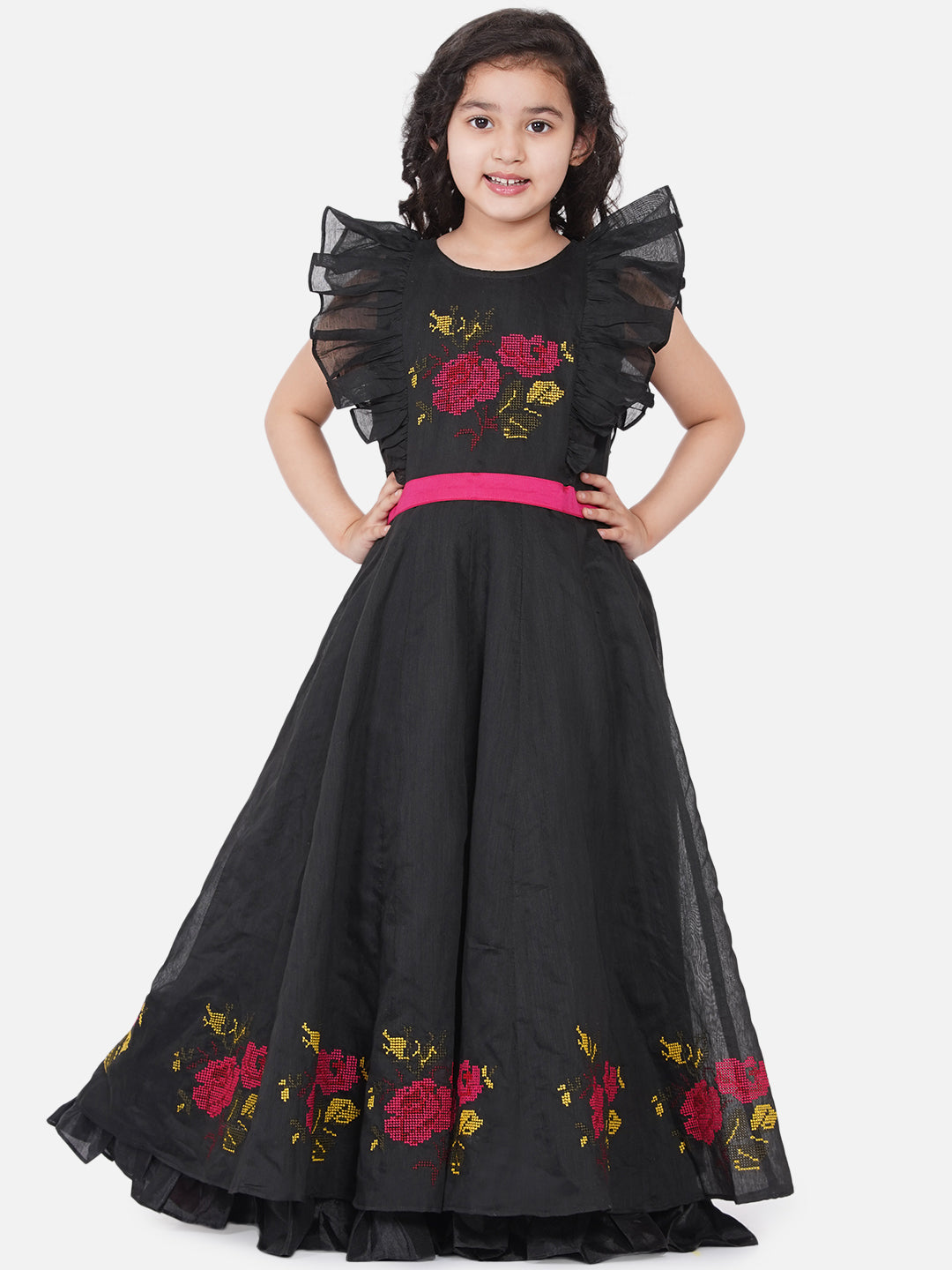 Girl's Black Chanderi Flower Embroidered Party Gown - Bitiya By Bhama