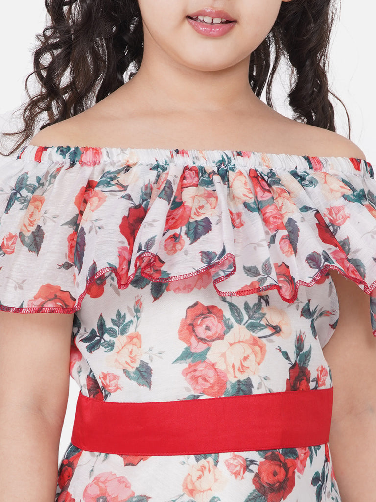 Girl's White Chanderi Floral Print Fit & Flare Gwon