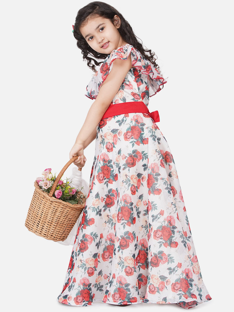 Girl's White Chanderi Floral Print Fit & Flare Gwon