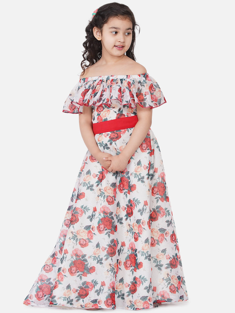 Girl's White Chanderi Floral Print Fit & Flare Gwon