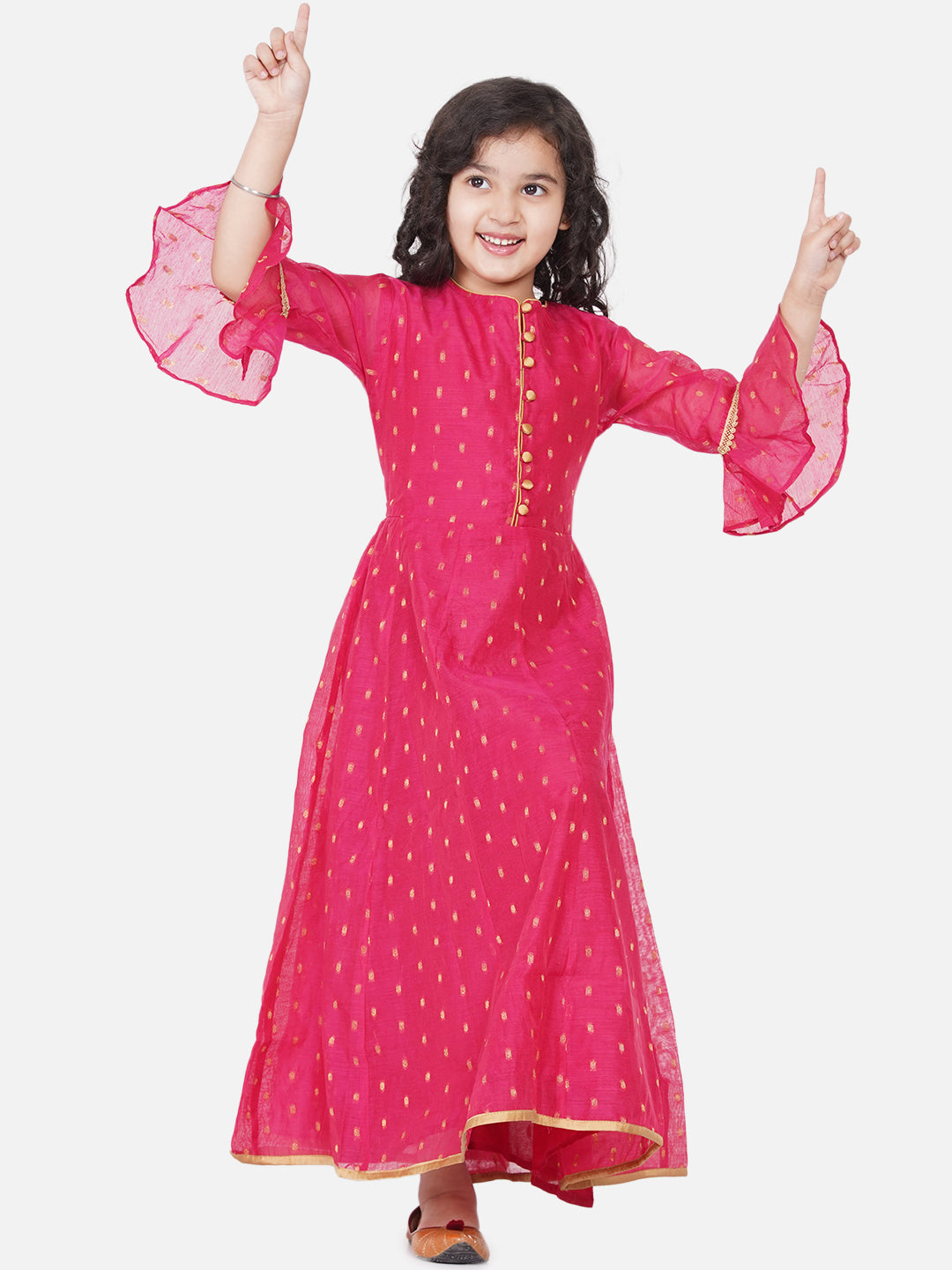 Girl's Pink Bell Sleeves Ethnic Maxi Dress - Bitiya By Bhama
