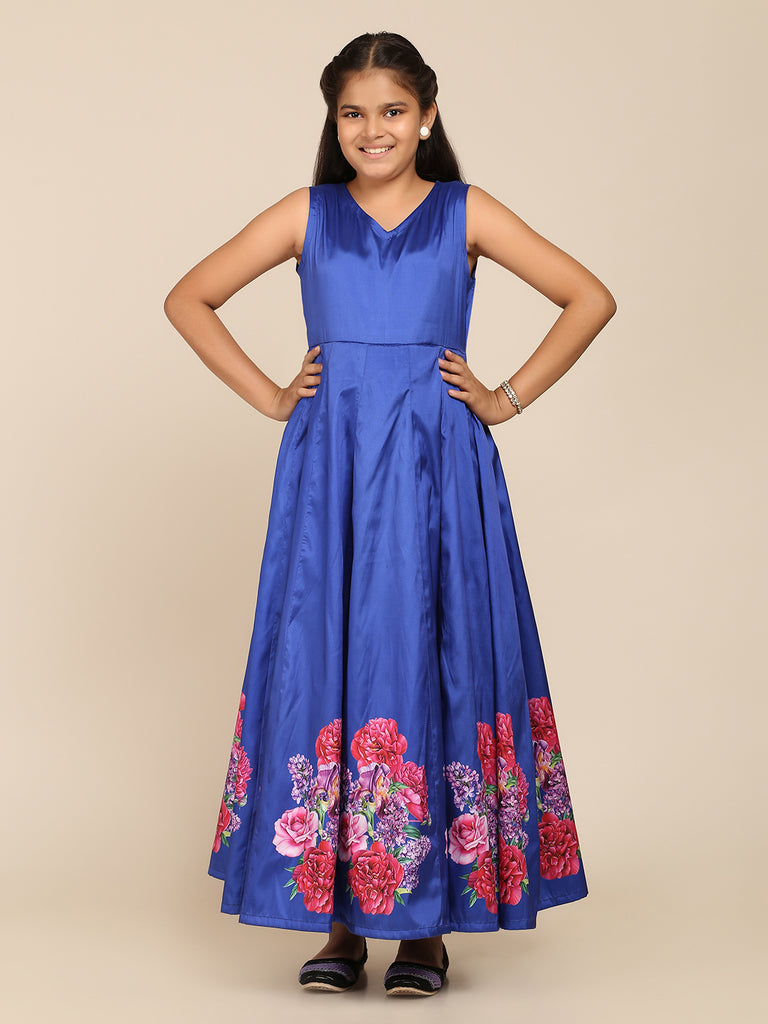 Girl's Blue Digital Print Gown