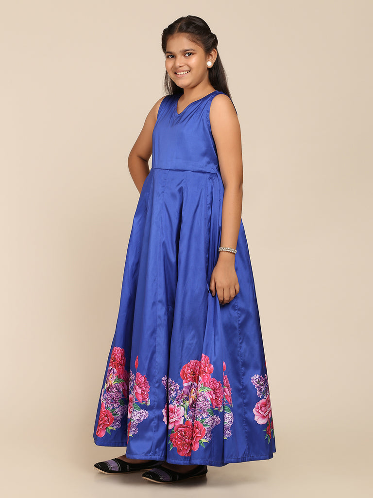 Girl's Blue Digital Print Gown