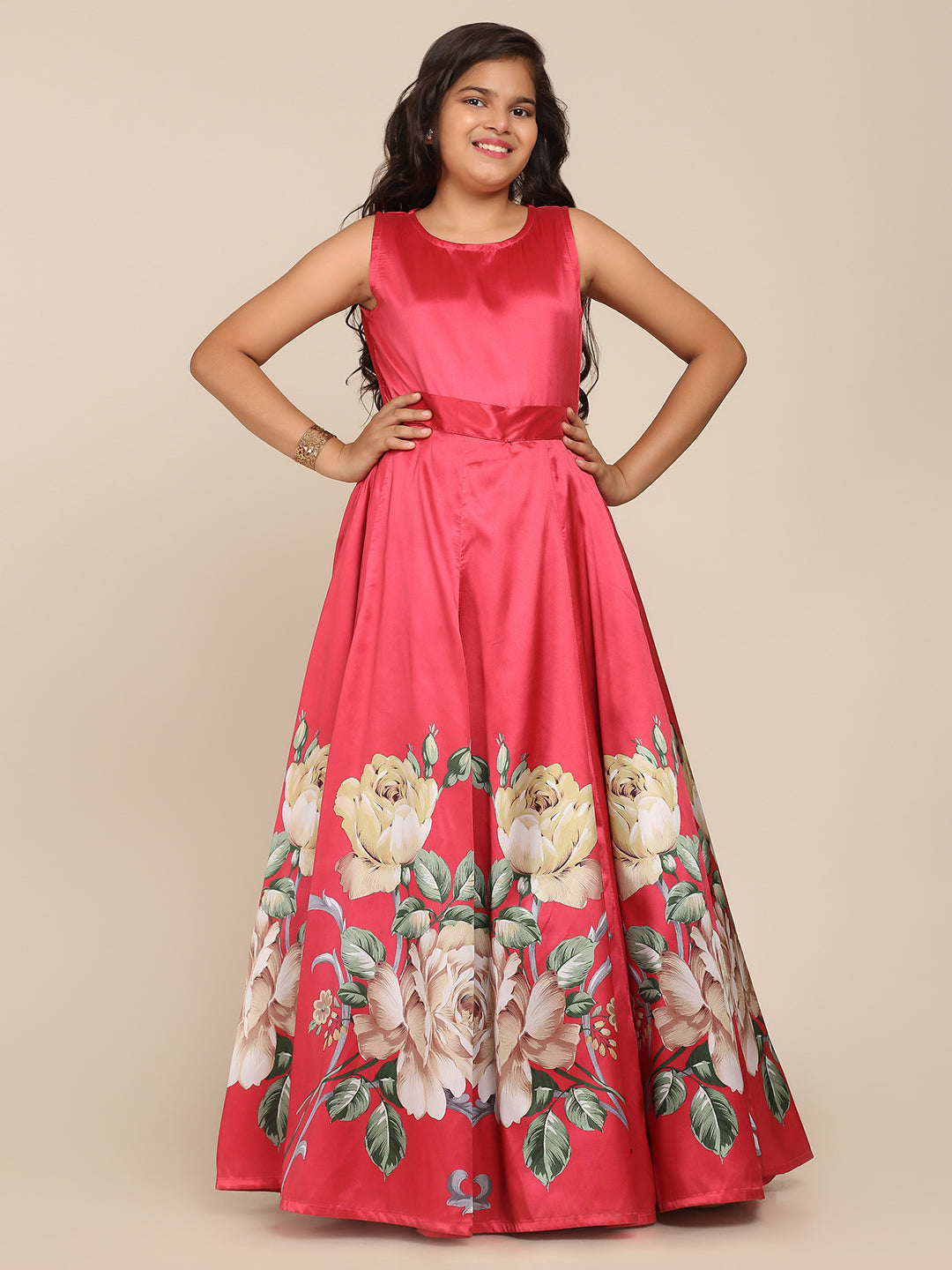 Girl's Coral Pink Digital Print Gown - Bitiya By Bhama