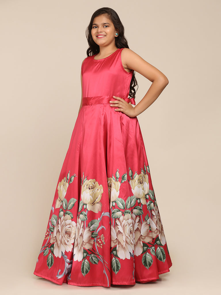 Girl's Coral Pink Digital Print Gown