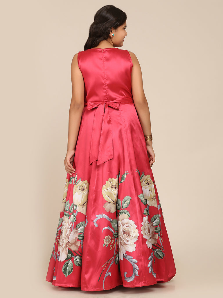 Girl's Coral Pink Digital Print Gown