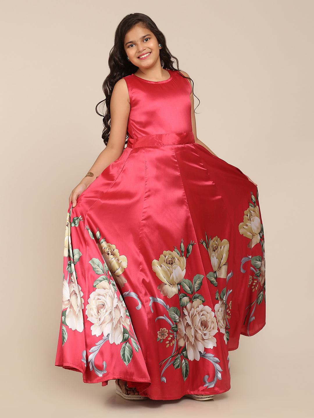 Girl's Coral Pink Digital Print Gown