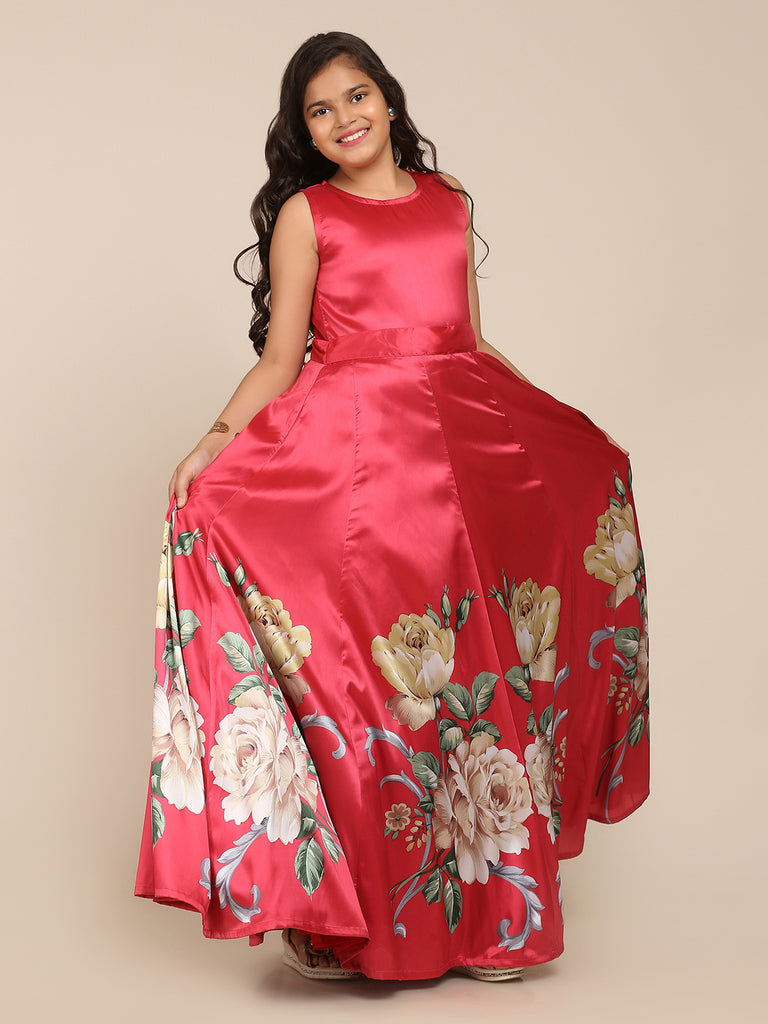 Girl's Coral Pink Digital Print Gown