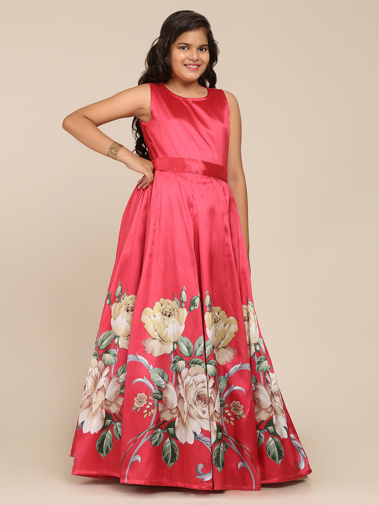 Girl's Coral Pink Digital Print Gown