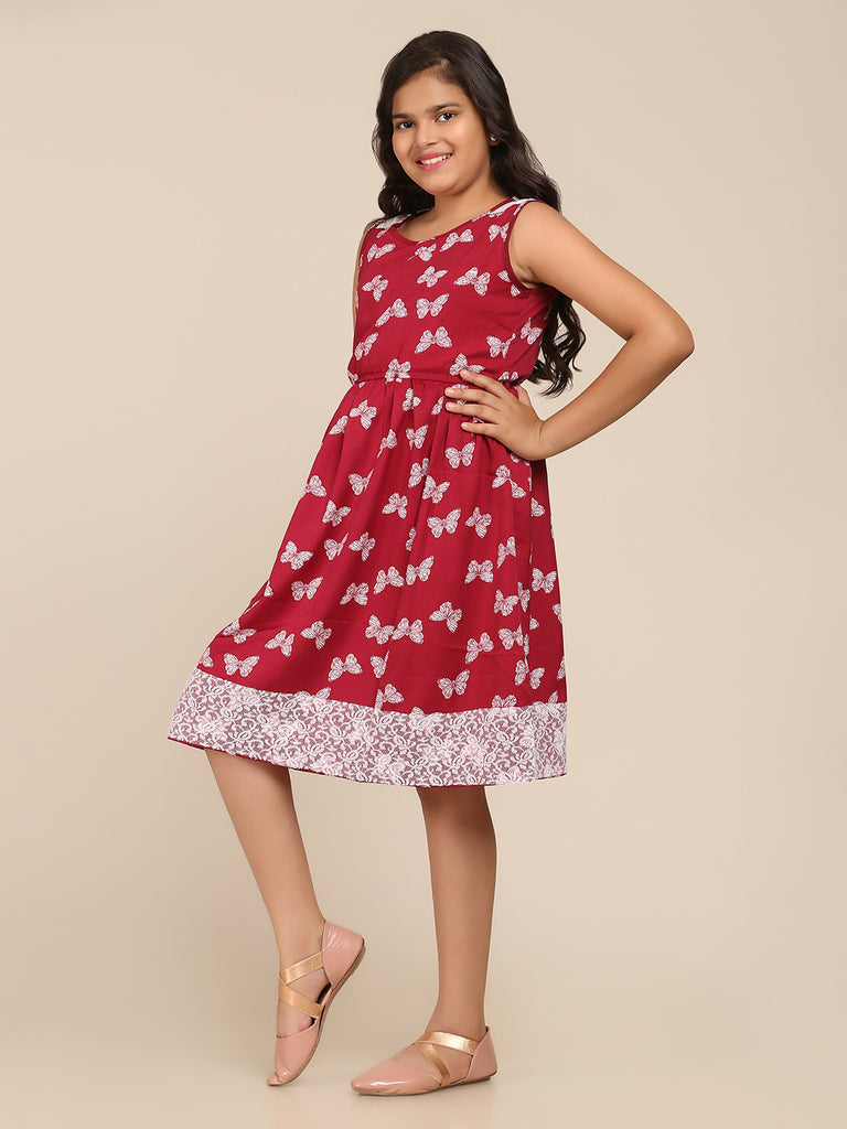Girl's Maroon Digital Print Dress