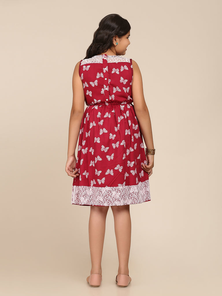 Girl's Maroon Digital Print Dress