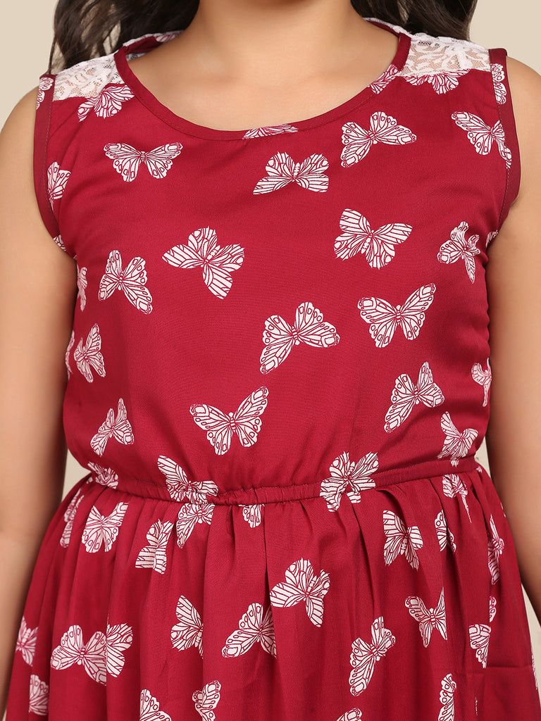 Girl's Maroon Digital Print Dress