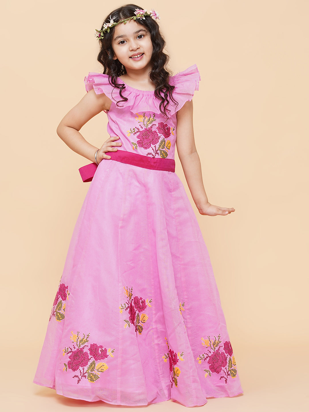Girl's Pink Floral Embroidered Fit & Flared Dress