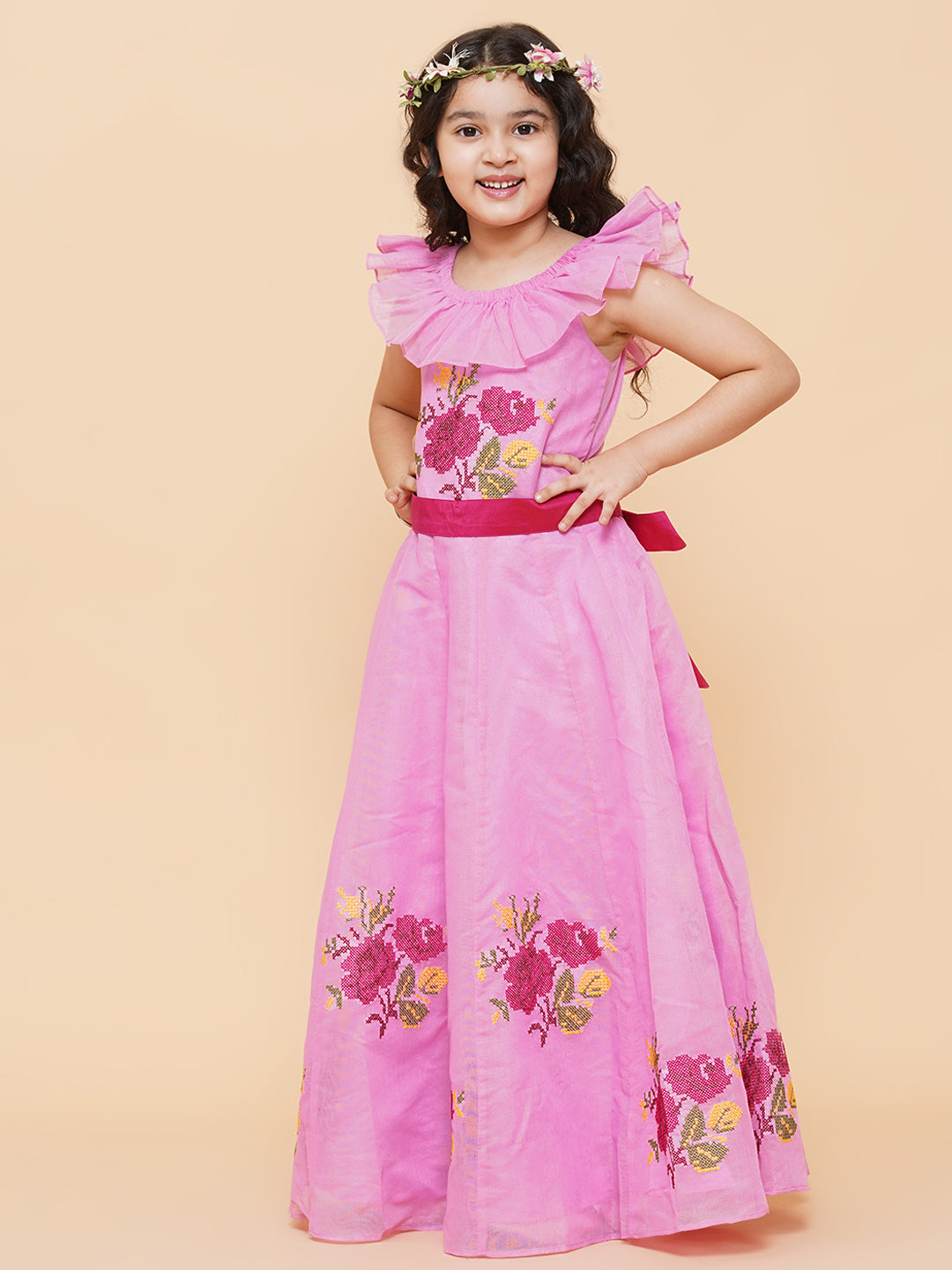 Girl's Pink Floral Embroidered Fit & Flared Dress - Bitiya By Bhama