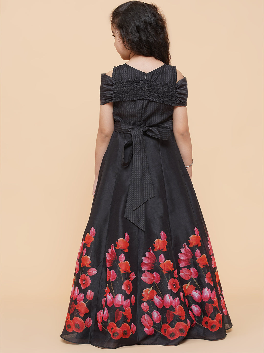 Girl's Black Chnaderi Tulip Digital Print Fit & Flared Dress - Bitiya By Bhama