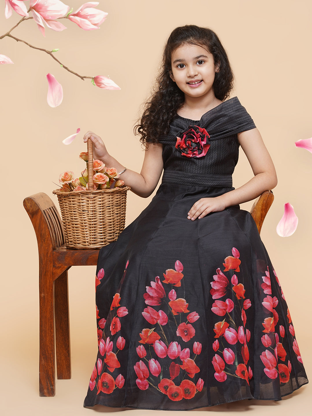Girl's Black Chnaderi Tulip Digital Print Fit & Flared Dress - Bitiya By Bhama