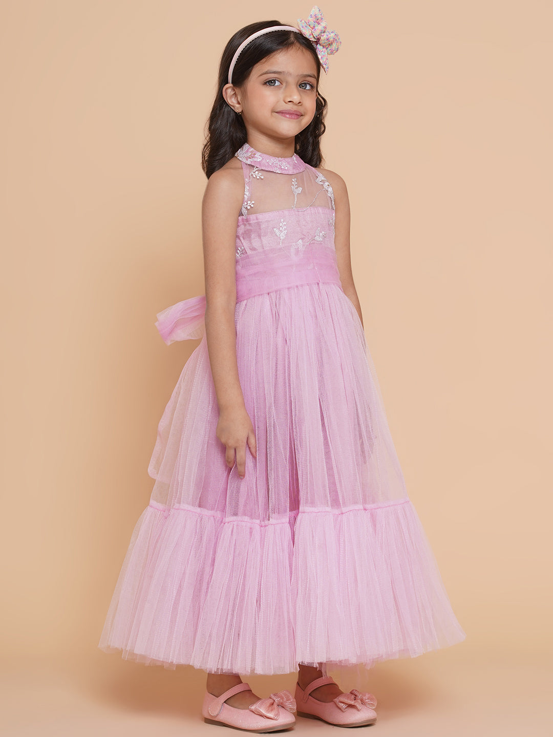 Girl's Pink Net Floral Embroidered Gown - Bitiya By Bhama