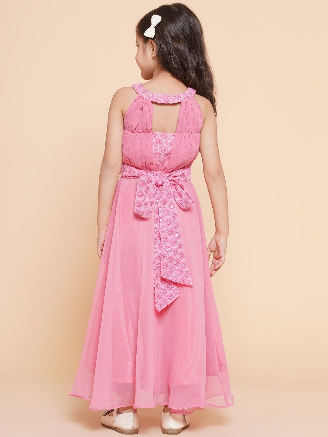 Girl's Pink Embroidered Sequence Yoke Fit & Flared Maxi Dress. - Bitiya By Bhama