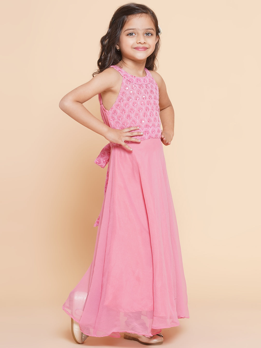 Girl's Pink Embroidered Sequence Yoke Fit & Flared Maxi Dress. - Bitiya By Bhama