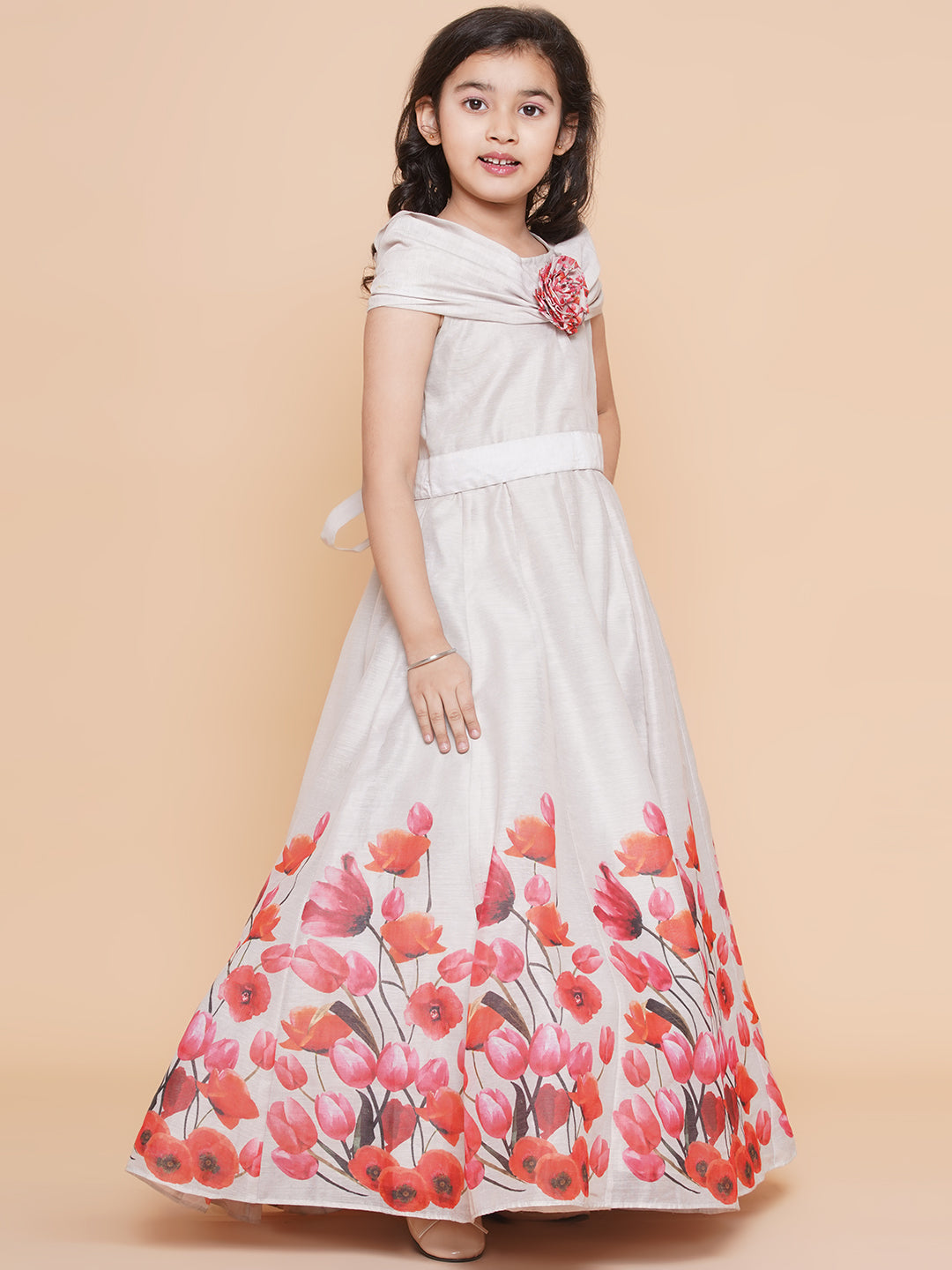 Girl's Off White Flower Digital Printed Fit & Flared Maxi Dress. - Bitiya By Bhama