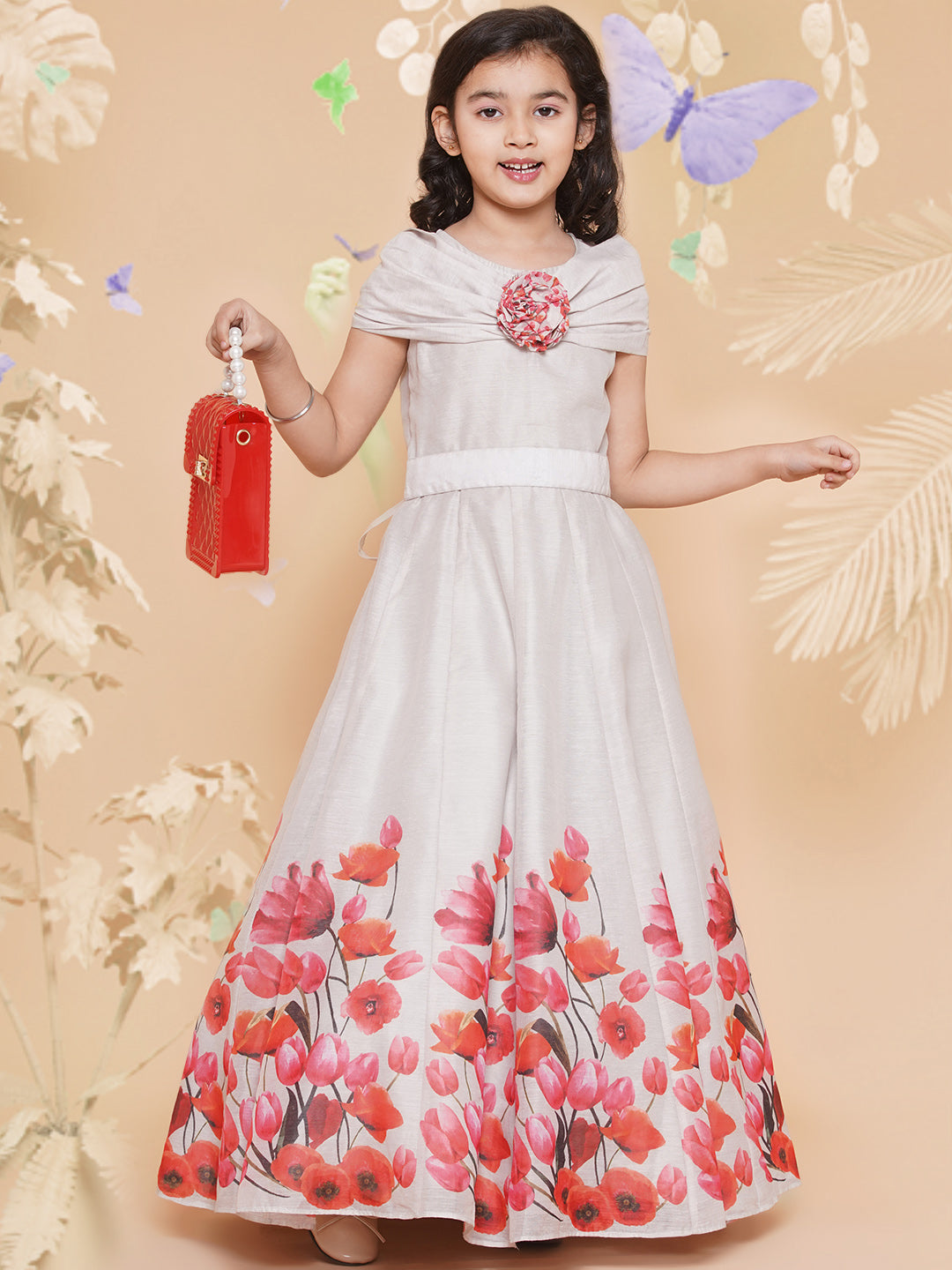 Girl's Off White Flower Digital Printed Fit & Flared Maxi Dress. - Bitiya By Bhama