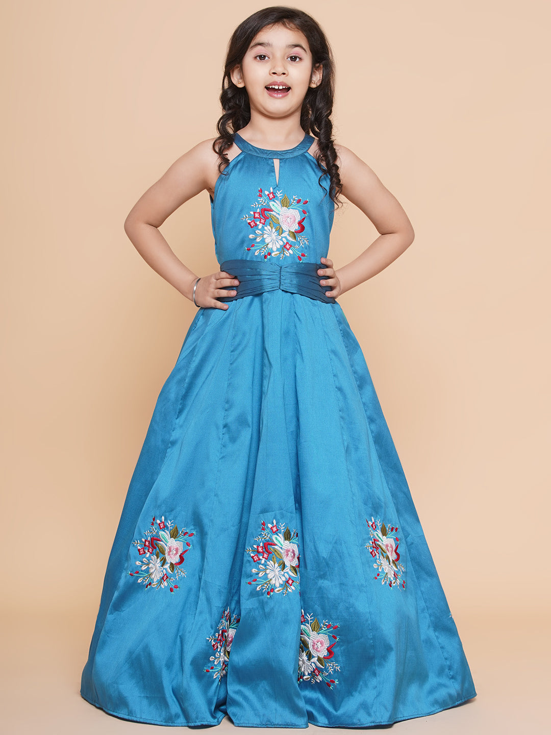 Girl's Blue Embroiderd Flower Fit & Flared Maxi Dress. - Bitiya By Bhama