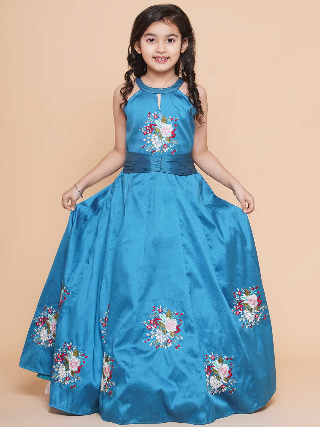 Girl's Blue Embroiderd Flower Fit & Flared Maxi Dress. - Bitiya By Bhama