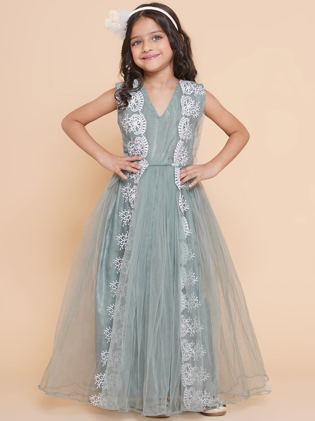 Girl's Green Net Embroidered Fit & Flare Gown. - Bitiya By Bhama