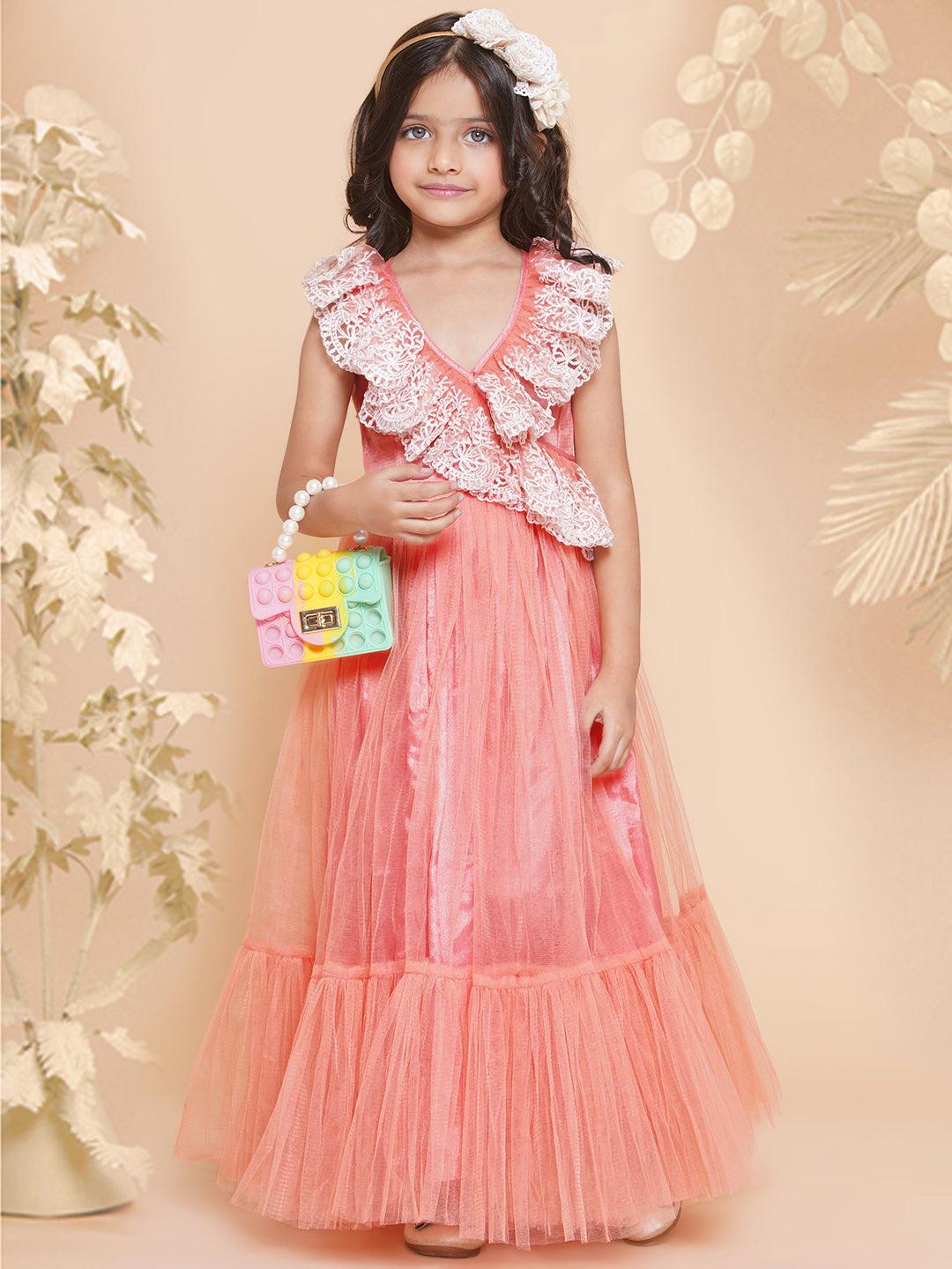 Girl's Peach Net Embroidered Frill Gown - Bitiya By Bhama