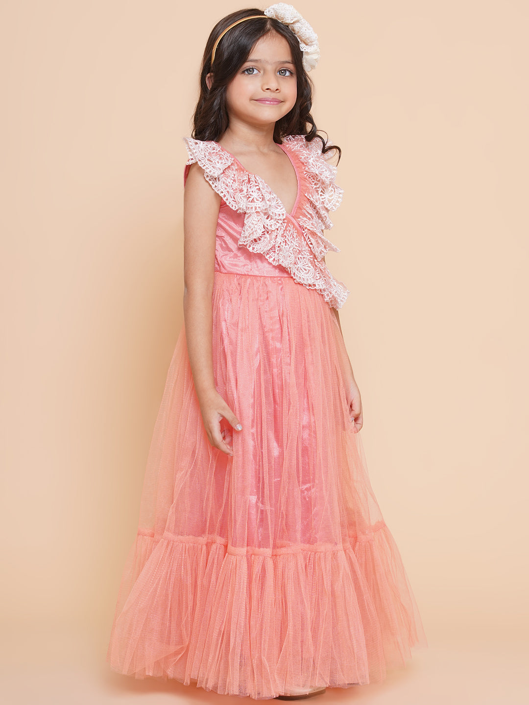 Girl's Peach Net Embroidered Frill Gown - Bitiya By Bhama