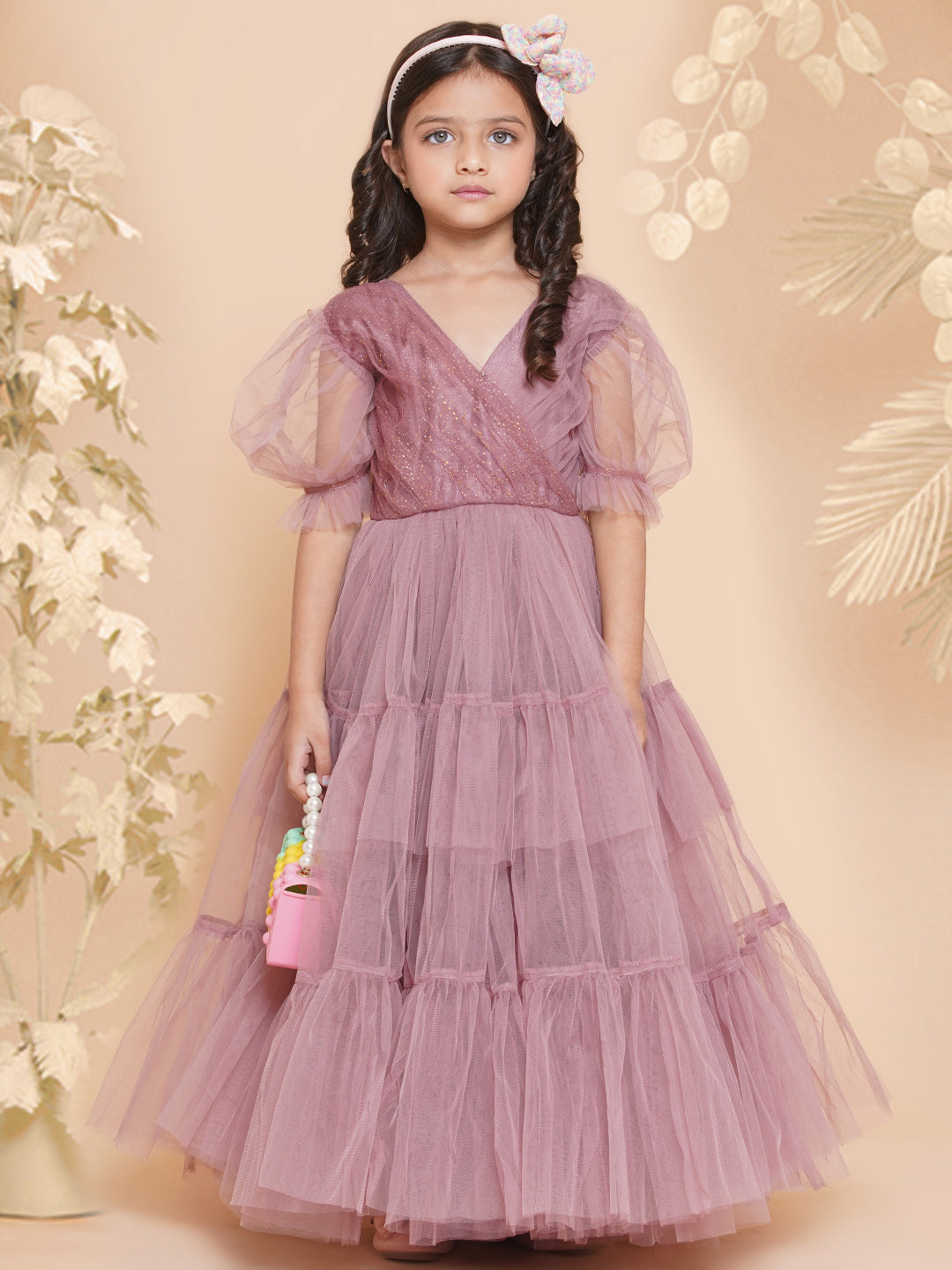 Girl's Onion Pink Net Embellished Fit & Flared Maxi Dress. - Bitiya By Bhama