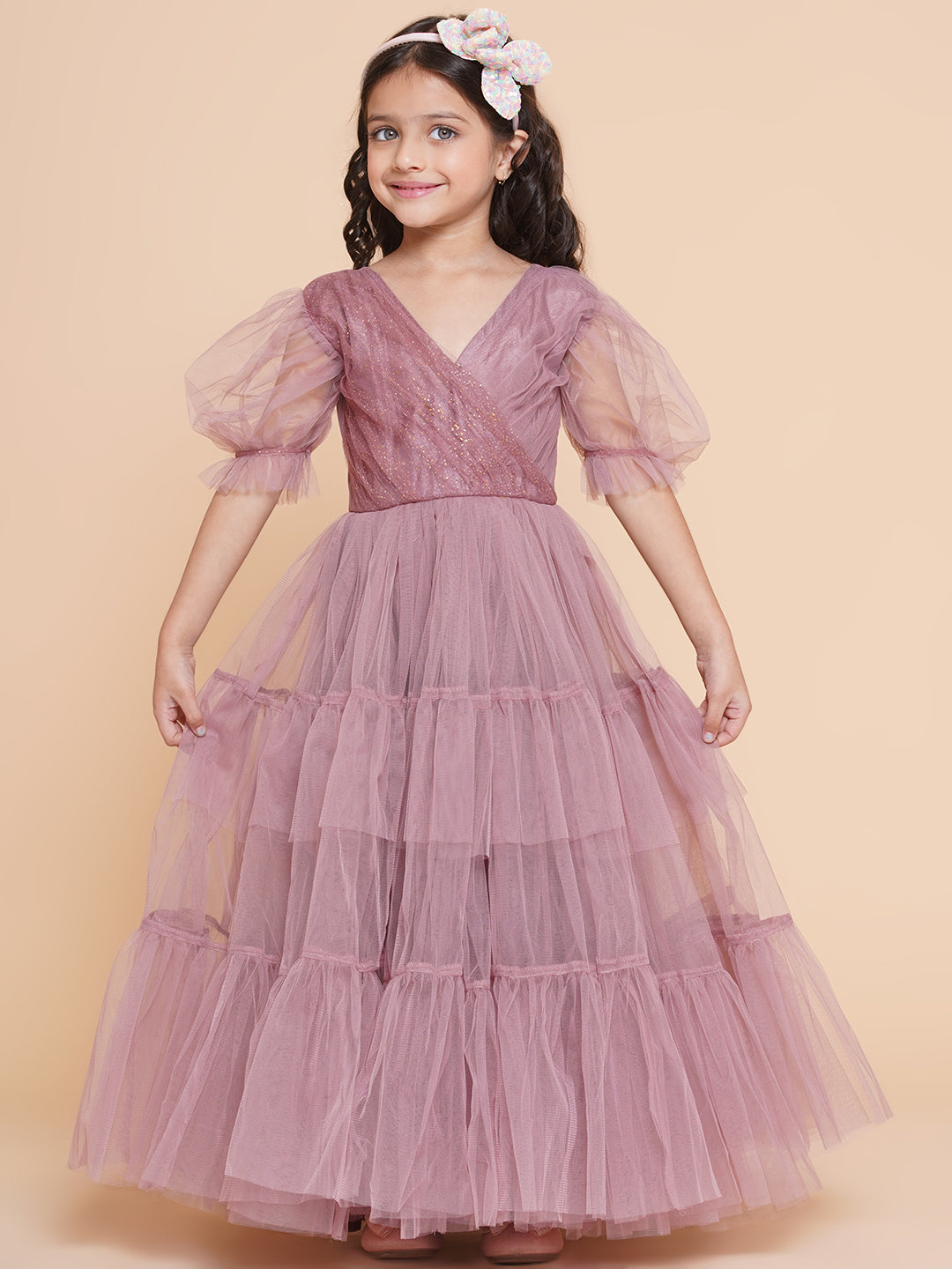 Girl's Onion Pink Net Embellished Fit & Flared Maxi Dress. - Bitiya By Bhama