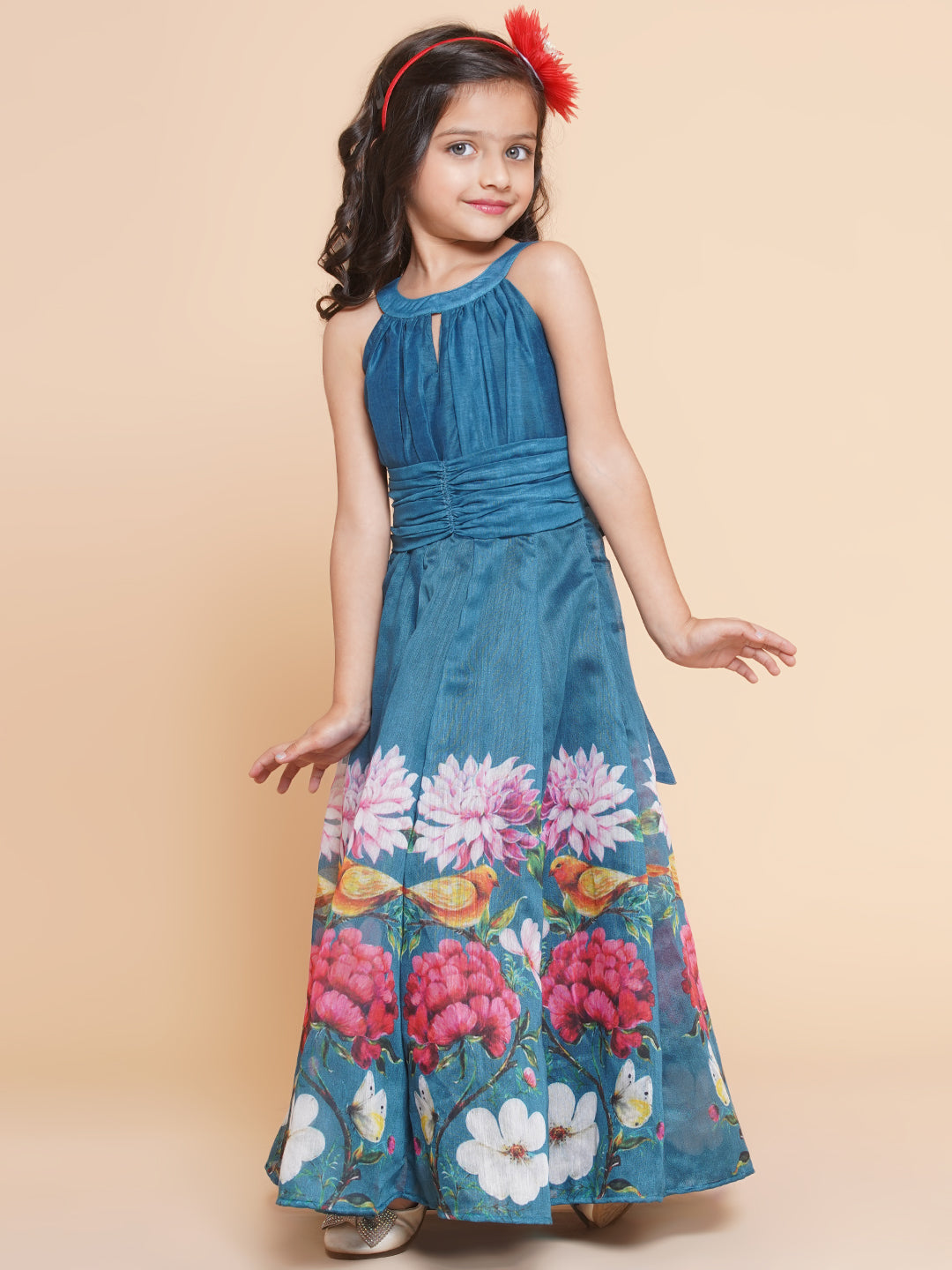 Girl's Blue Flower Digital Printed Fit & Flared Maxi Dress. - Bitiya By Bhama