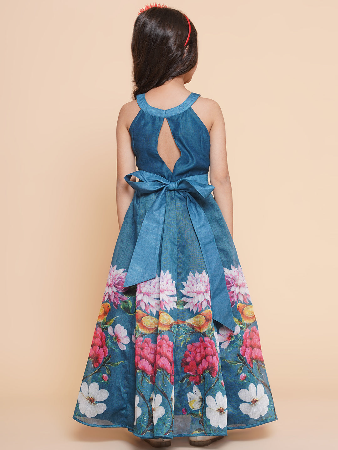 Girl's Blue Flower Digital Printed Fit & Flared Maxi Dress. - Bitiya By Bhama