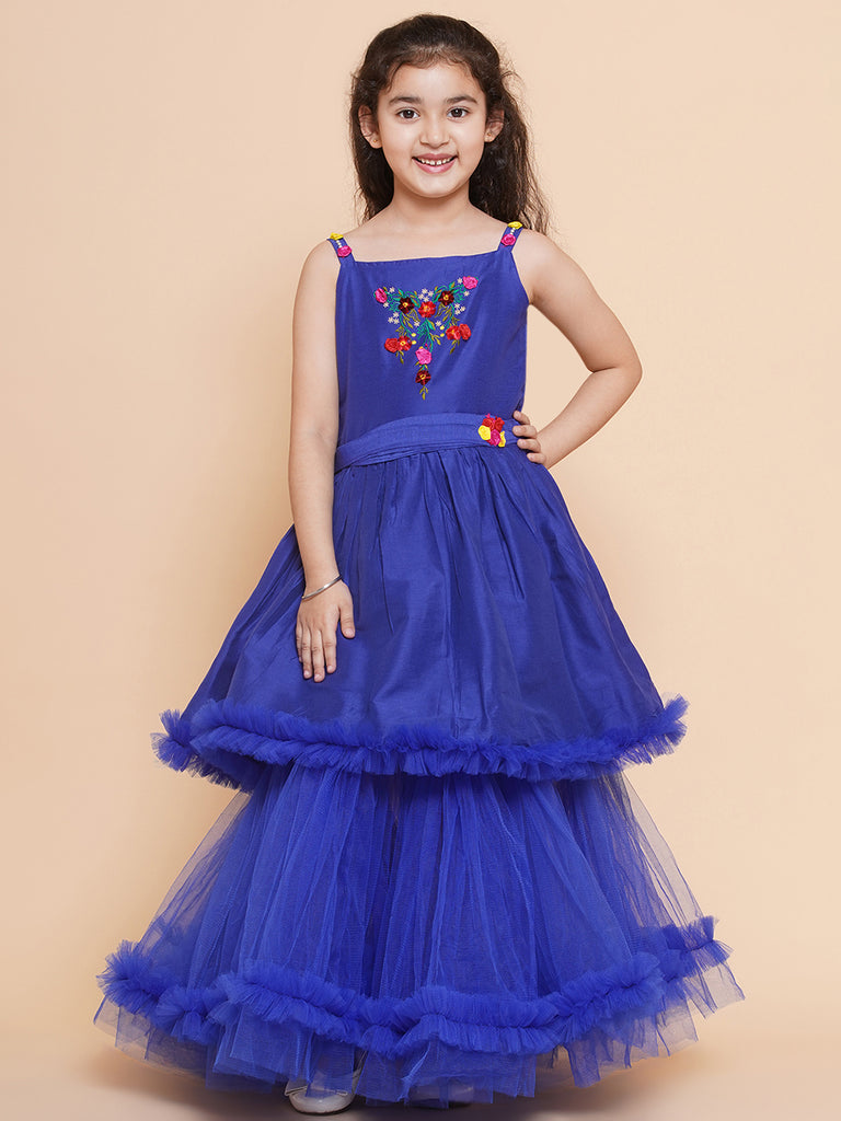 Girl's Floral Embroidered Satin Fit & Flare  Dress