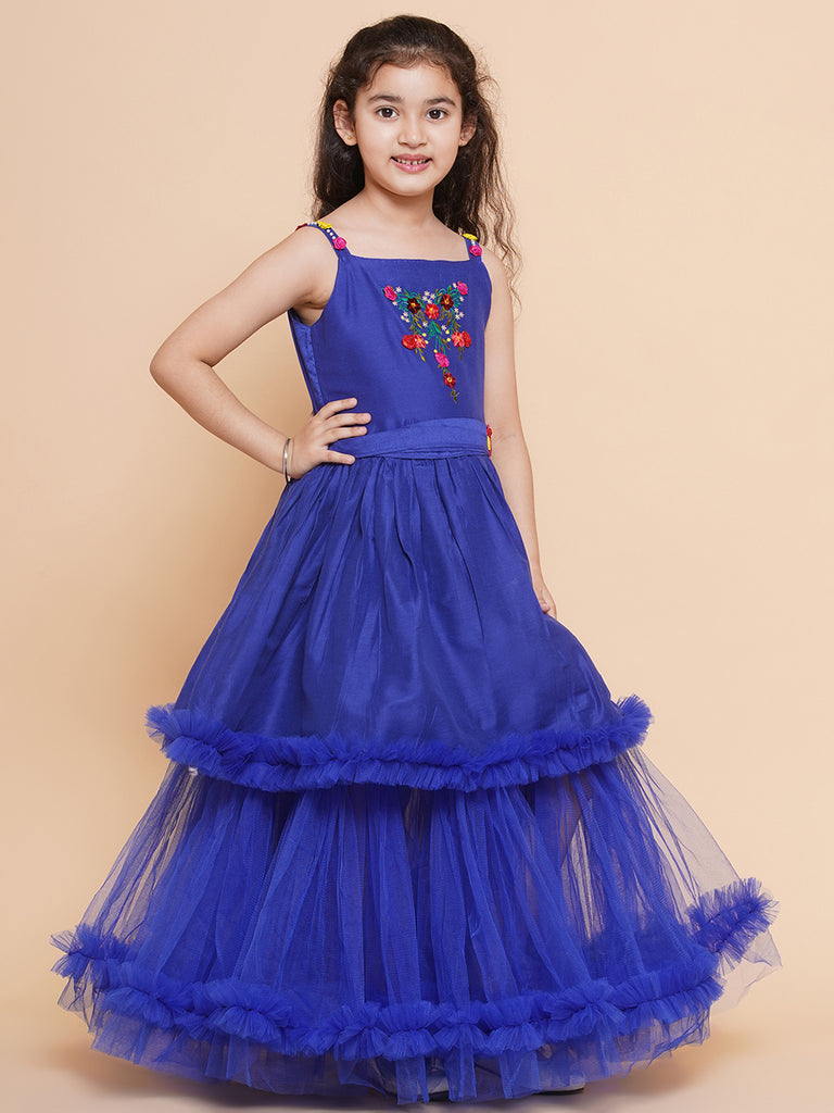 Girl's Floral Embroidered Satin Fit & Flare  Dress