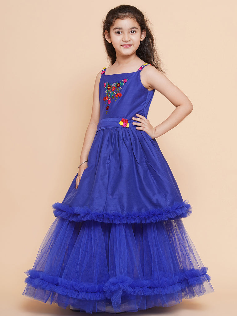 Girl's Floral Embroidered Satin Fit & Flare  Dress