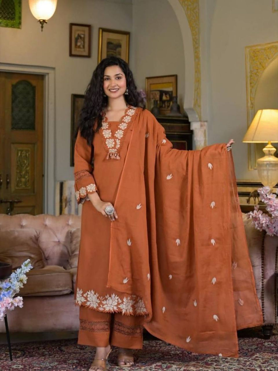 Women's Rust Slub Cotton Embroidered Kurta Set – Trendia