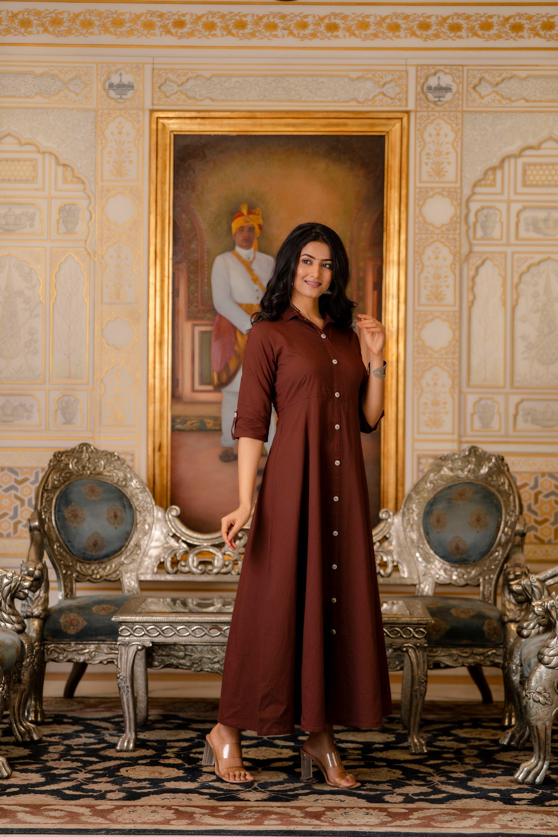 Women's Chocolate Brown Maxi Dress with Shirt Collar & 3/4 sleeves Brown / S