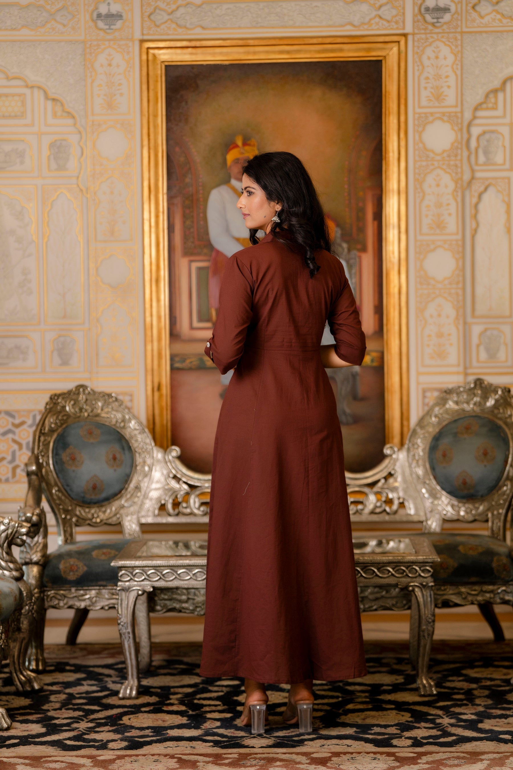 Women's Chocolate Brown Maxi Dress with Shirt Collar & 3/4 sleeves Brown / S
