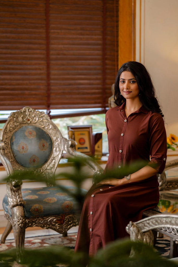 Women's Chocolate Brown Maxi Dress with Shirt Collar & 3/4 sleeves